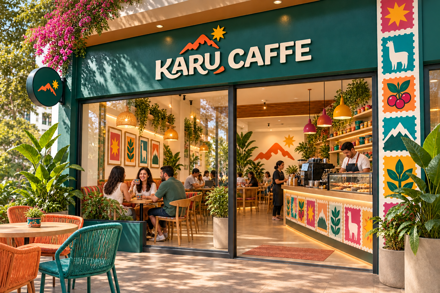 Interior colorido de una tienda KARU CAFFE